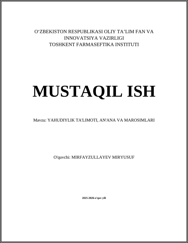 YAHUDIYLIK TA'LIMOTI, AN'ANA VA MAROSIMLARI