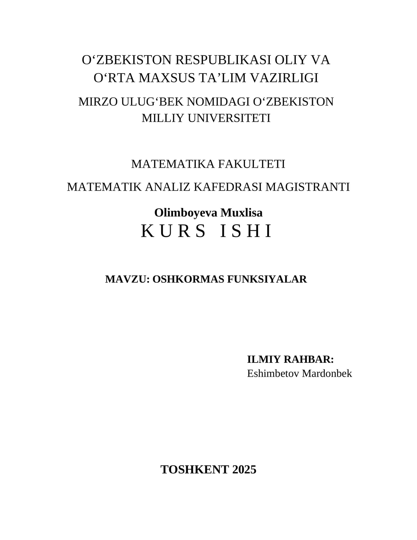 OSHKORMAS FUNKSIYALAR