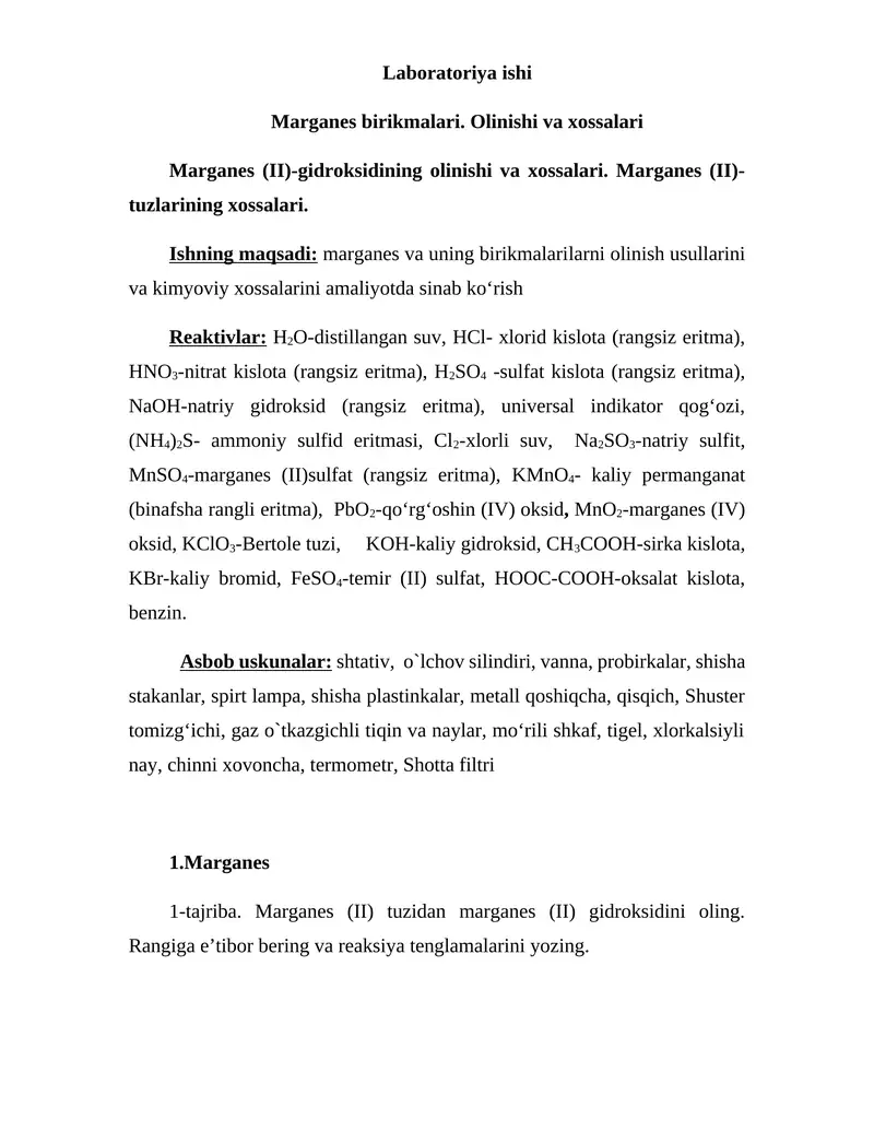 Marganes birikmalari. Olinishi va xossalari