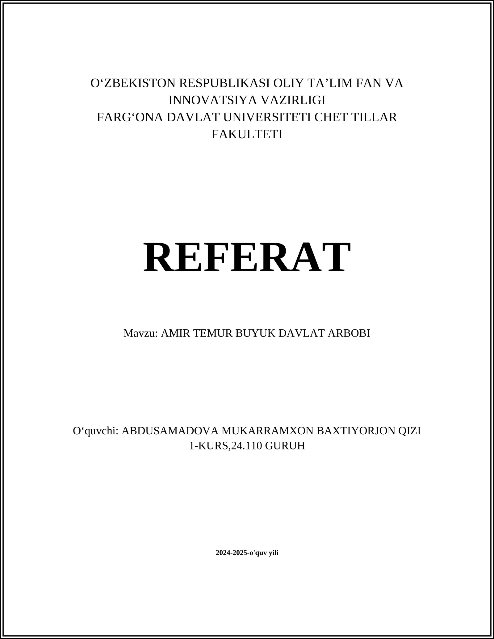 AMIR TEMUR BUYUK DAVLAT ARBOBI