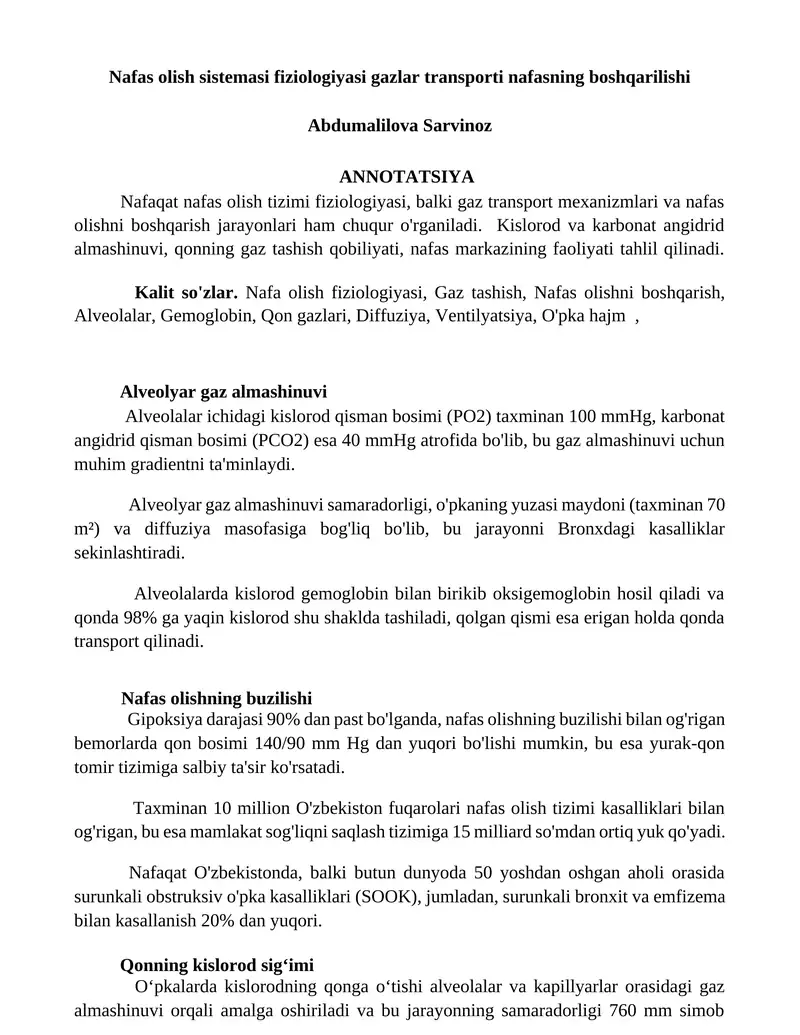 Nafas olish sistemasi fiziologiyasi gazlar transporti nafasning boshqarilishi