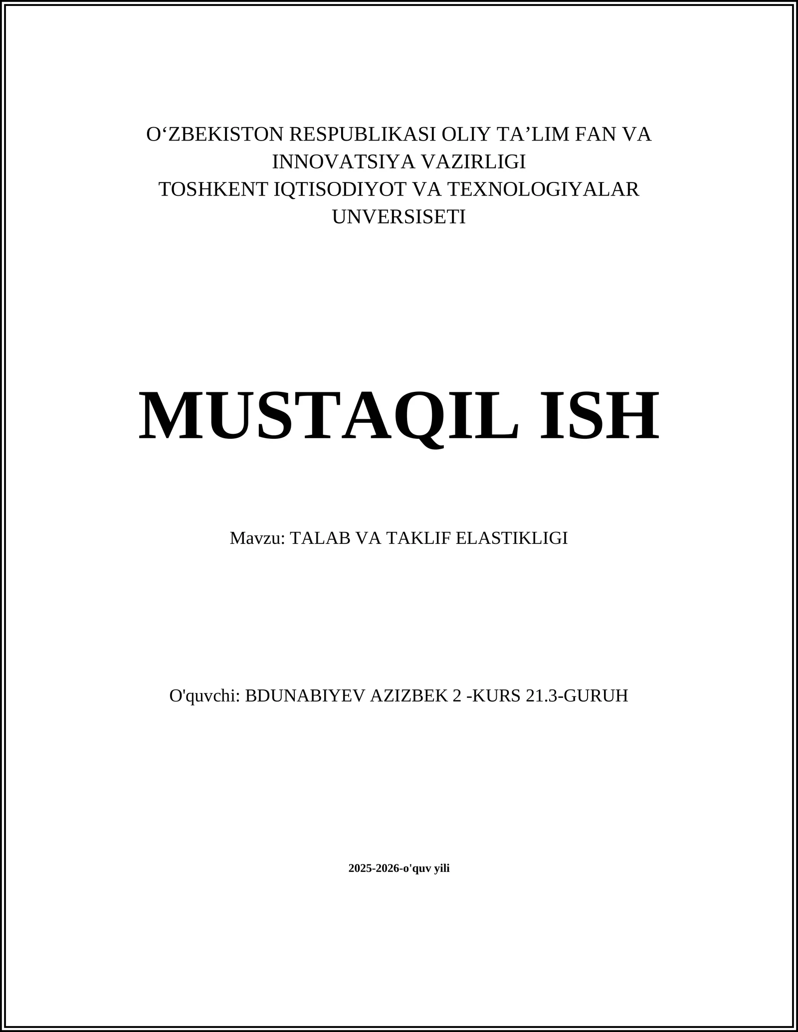 TALAB VA TAKLIF ELASTIKLIGI