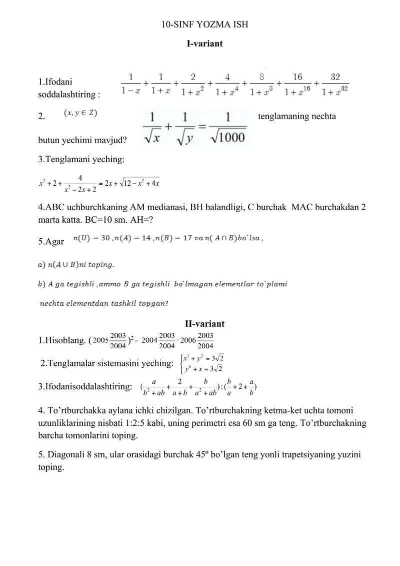 Matematikadan Olimpiada savollari