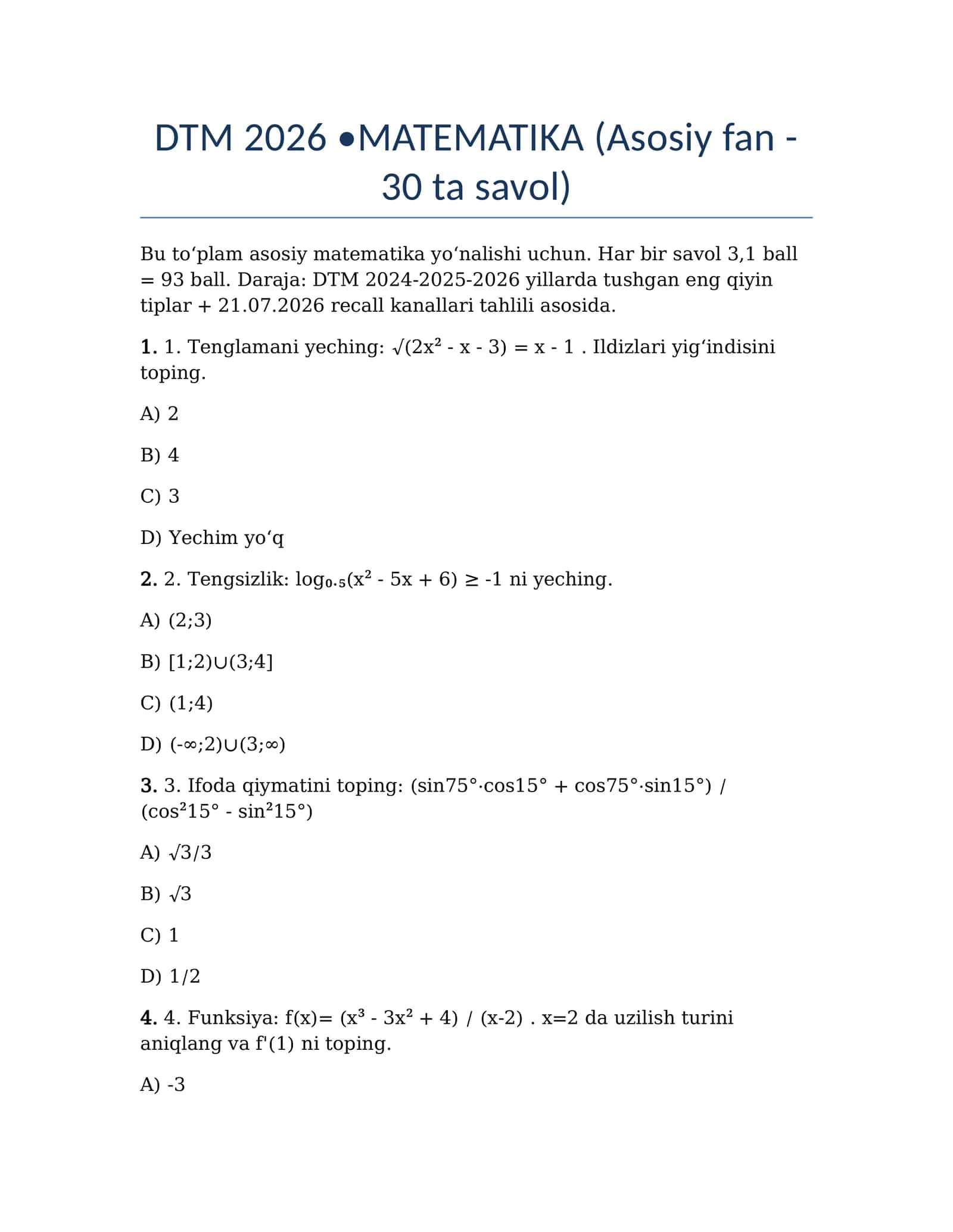 DTM 2026 •MATEMATIKA (Asosiy fan - 30 ta savol)