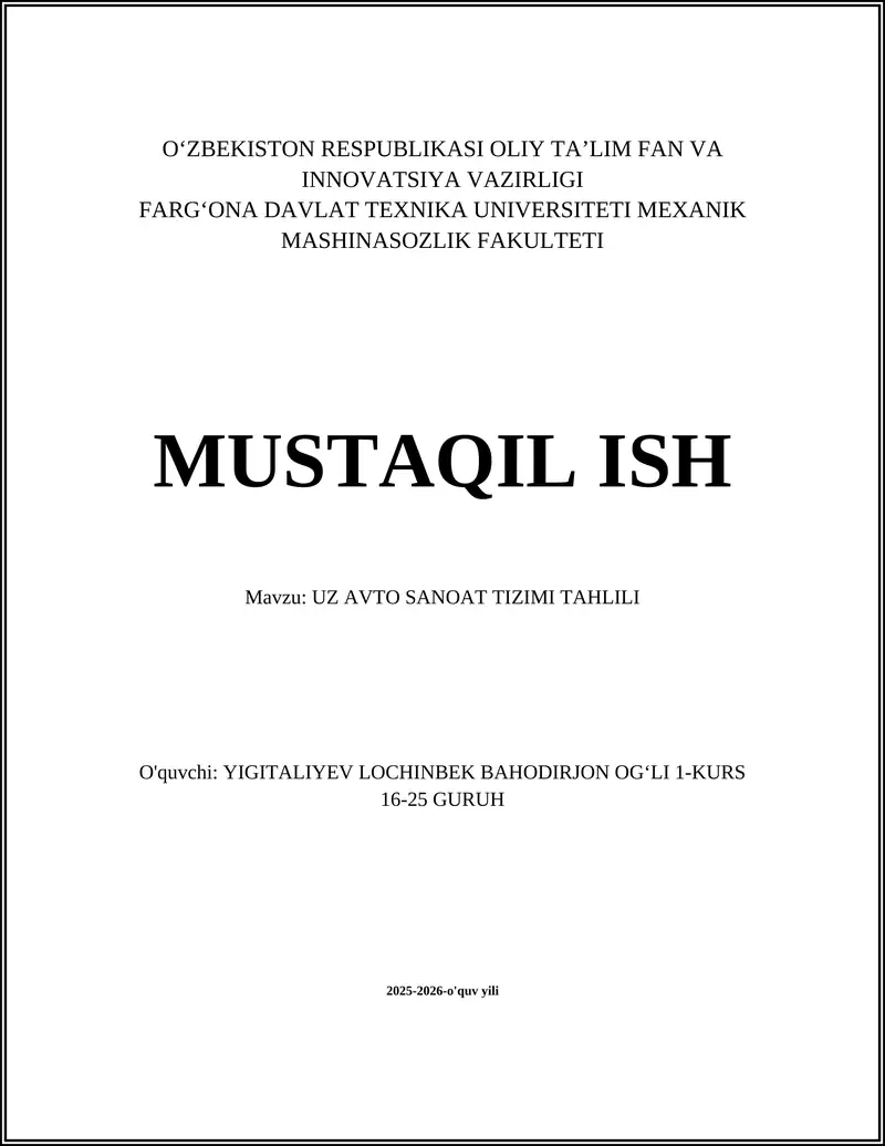 UZ AVTO SANOAT TIZIMI TAHLILI