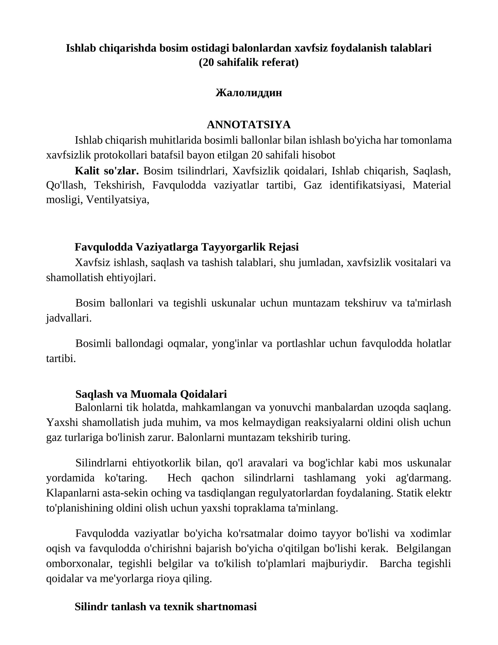 Ishlab chiqarishda bosim ostidagi balonlardan xavfsiz foydalanish talablari