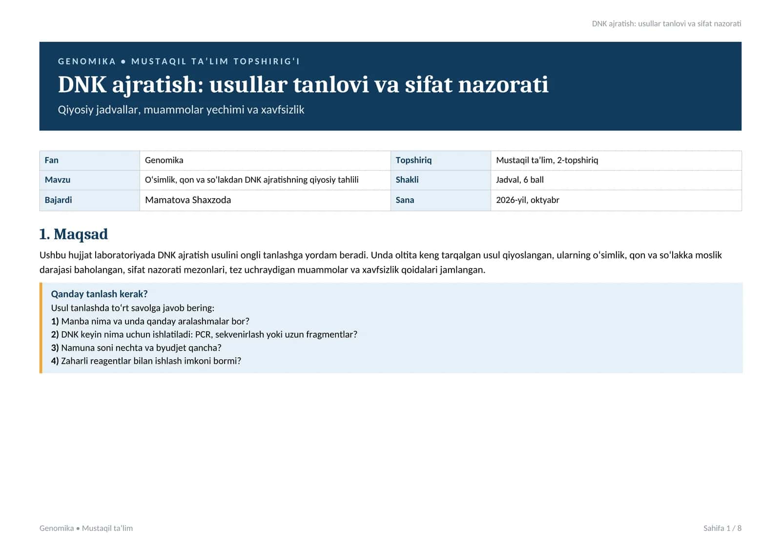 DNK ajratish: usullar tanlovi va sifat nazorati