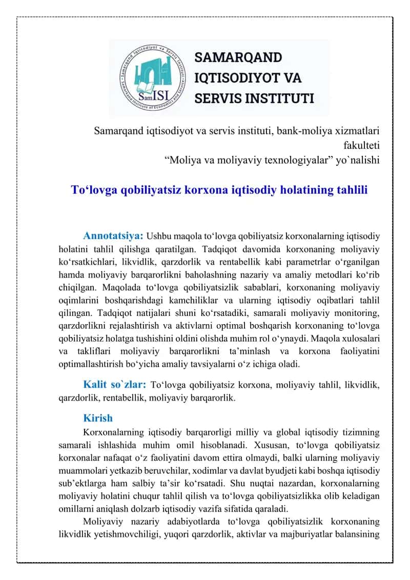 To‘lovga qobiliyatsiz korxona iqtisodiy holatining tahlili