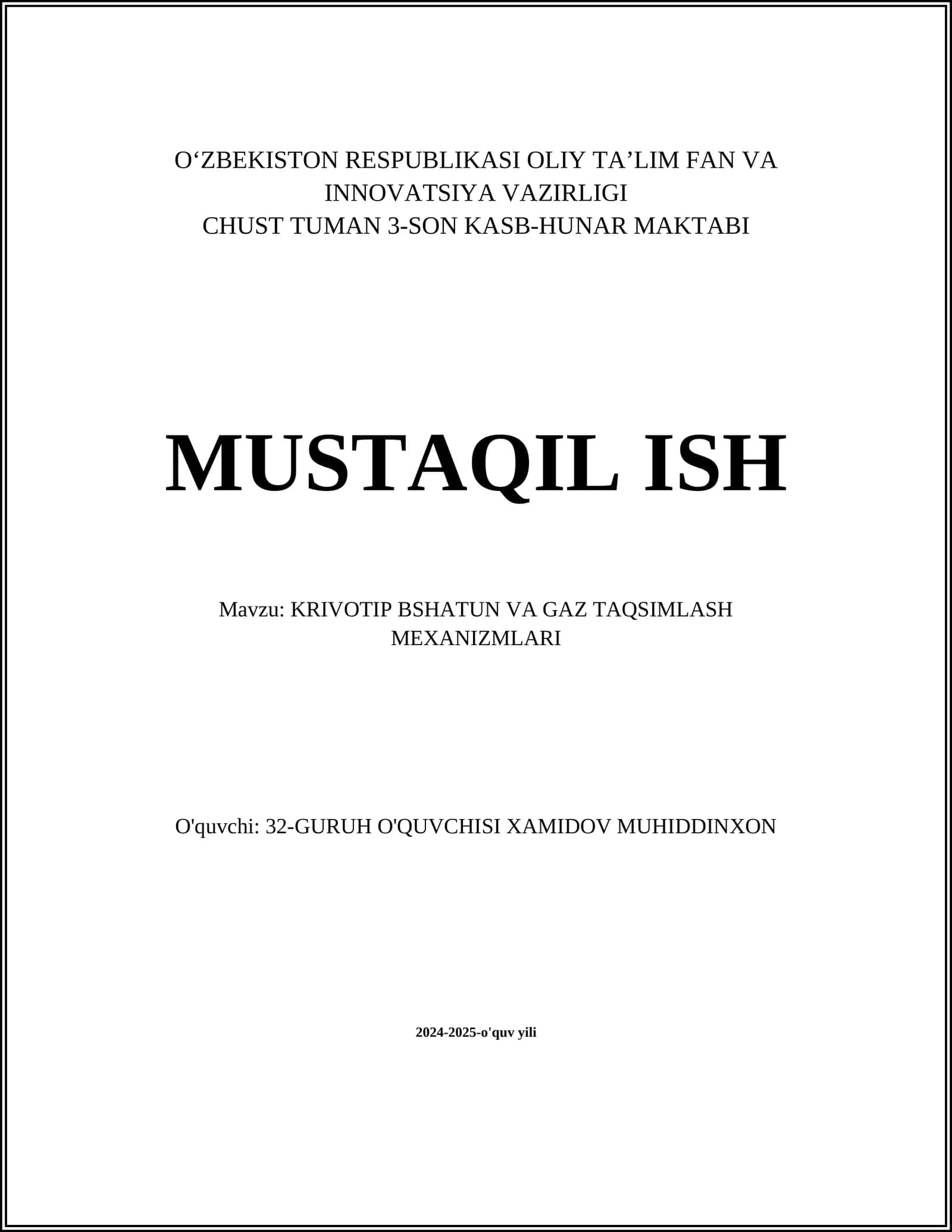 KRIVOTIP BSHATUN VA GAZ TAQSIMLASH MEXANIZMLARI