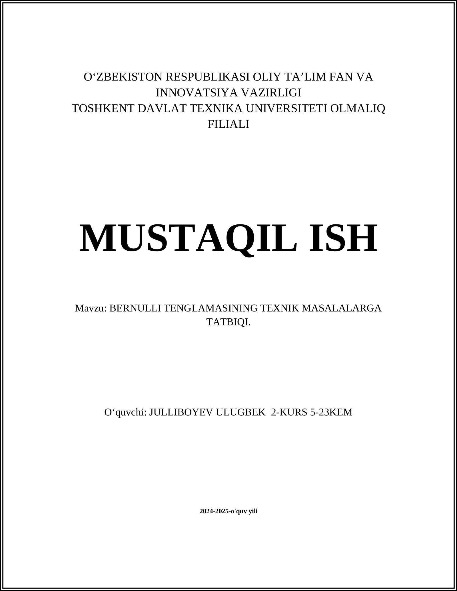 BERNULLI TENGLAMASINING TEXNIK MASALALARGA TATBIQI