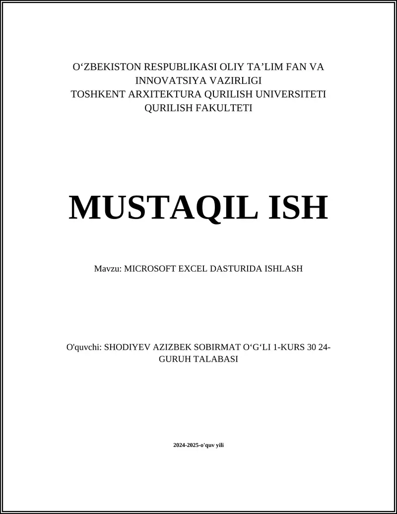 MICROSOFT EXCEL DASTURIDA ISHLASH