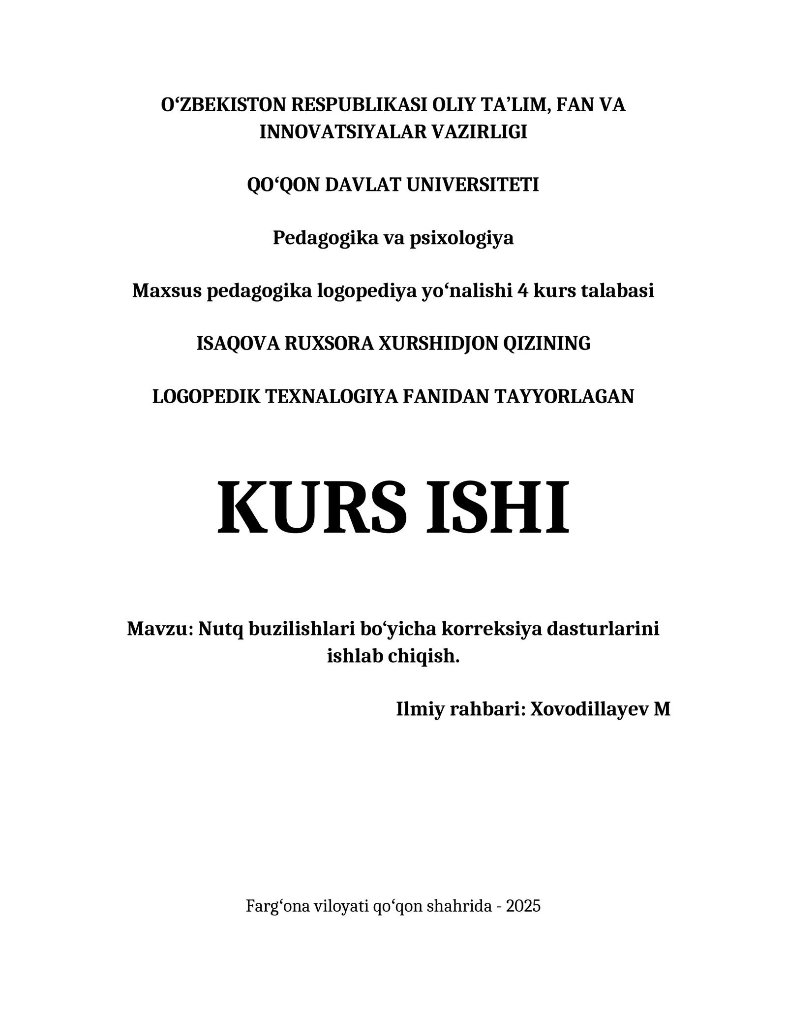 NUTQ BUZILISHLARI BO‘YICHA KORREKSIYA DASTURLARINI ISHLAB CHIQISH.