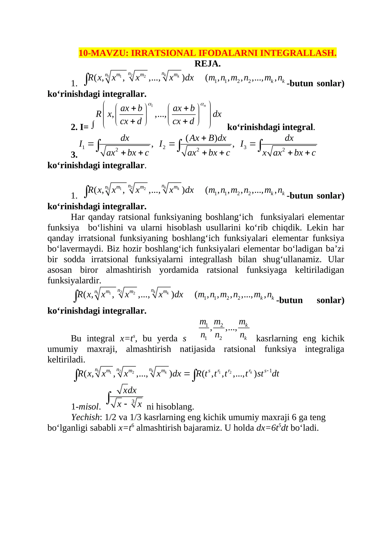 IRRATSIONAL IFODALARNI INTEGRALLASH