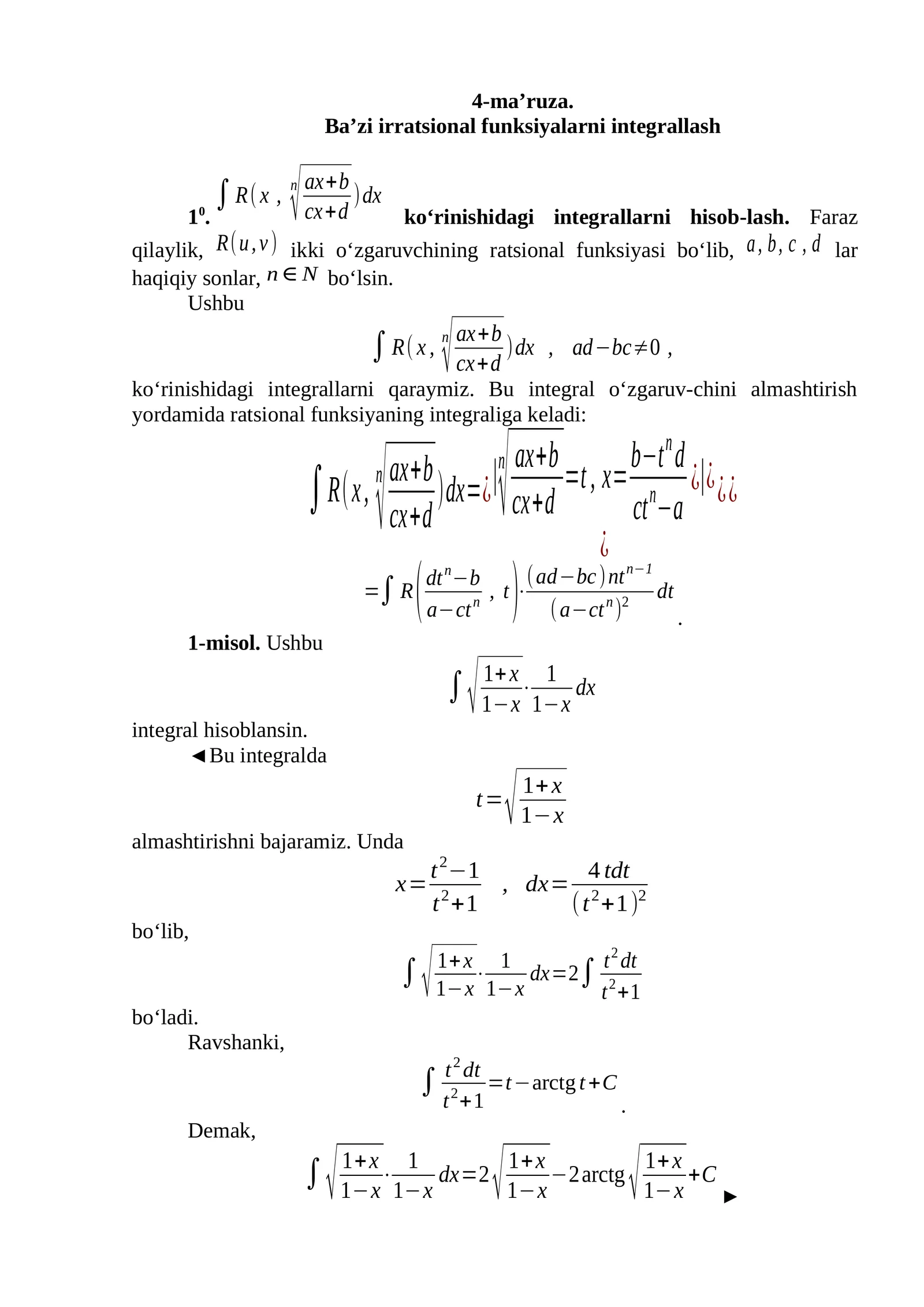 Ba’zi irratsional funksiyalarni integrallash