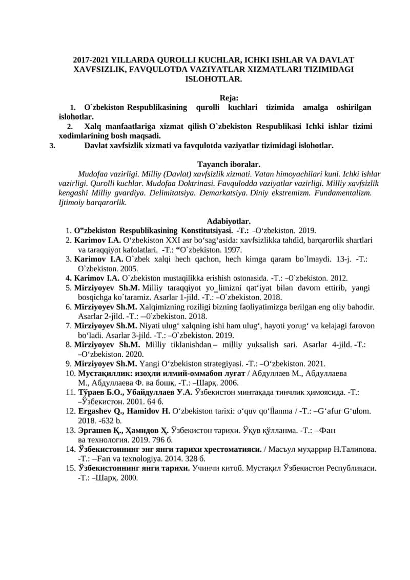 2017-2021 YILLARDA QUROLLI KUCHLAR, ICHKI ISHLAR VA DAVLAT XAVFSIZLIK, FAVQULOTDA VAZIYATLAR XIZMATLARI TIZIMIDAGI ISLOHOTLAR