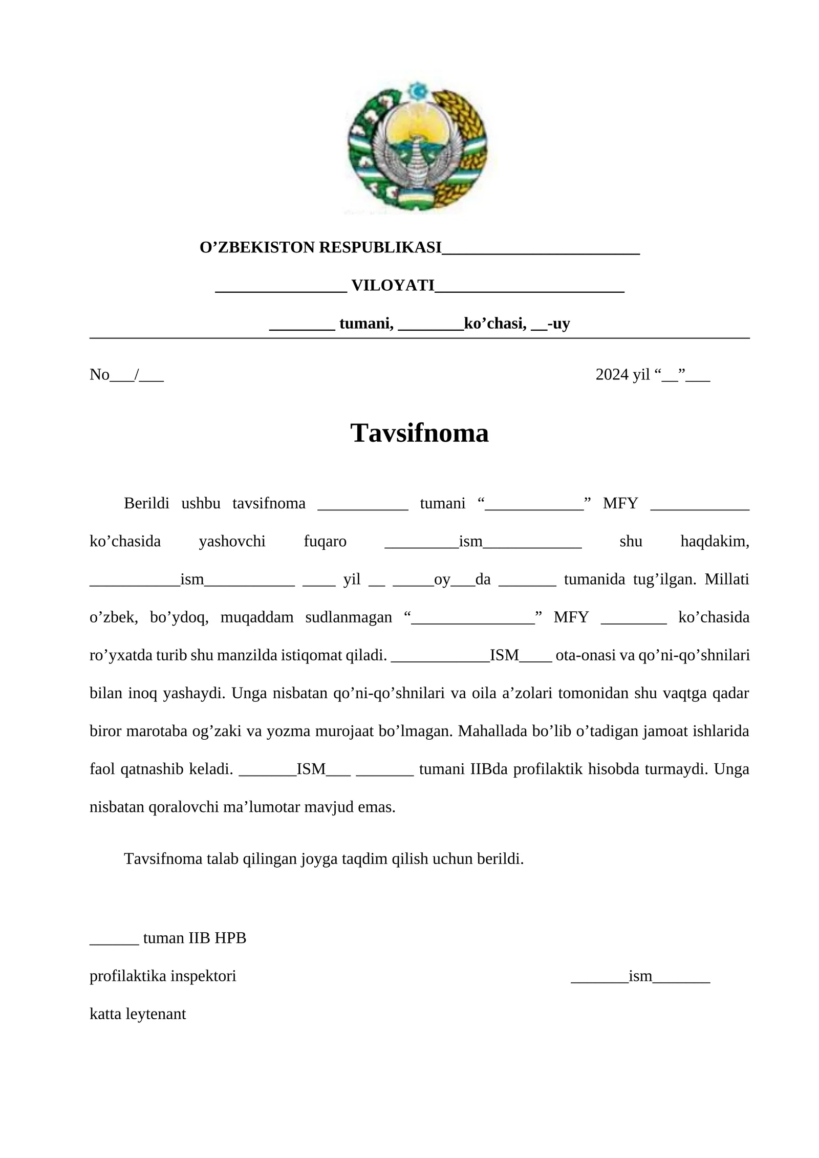 tavsifnoma yozish tartibi