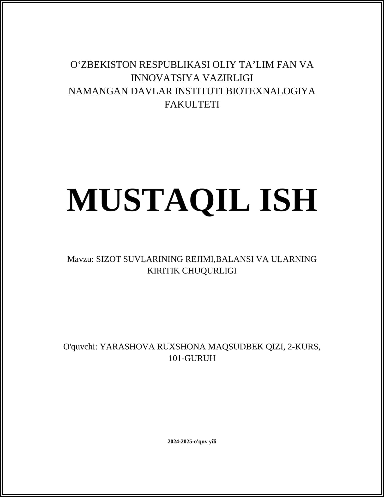 SIZOT SUVLARINING REJIMI,BALANSI VA ULARNING KIRITIK CHUQURLIGI