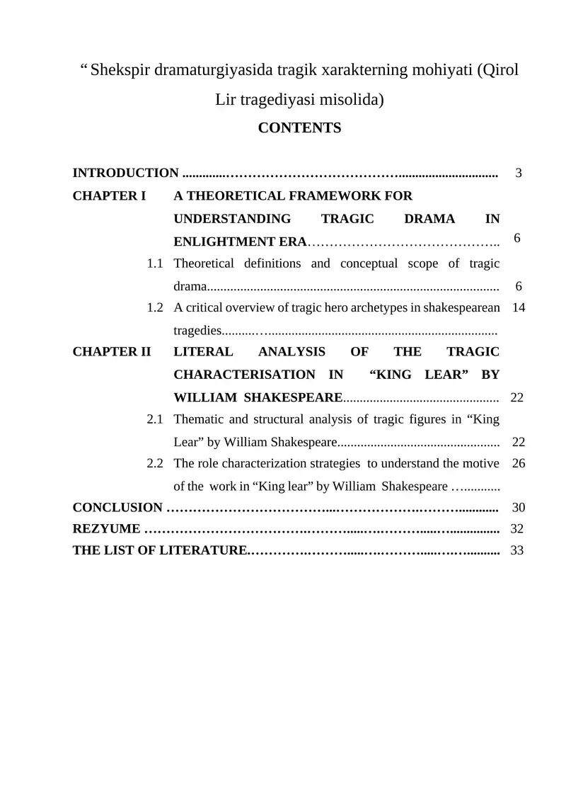 Shekspir dramaturgiyasida tragik xarakterning mohiyati (Qirol Lir tragediyasi misolida)