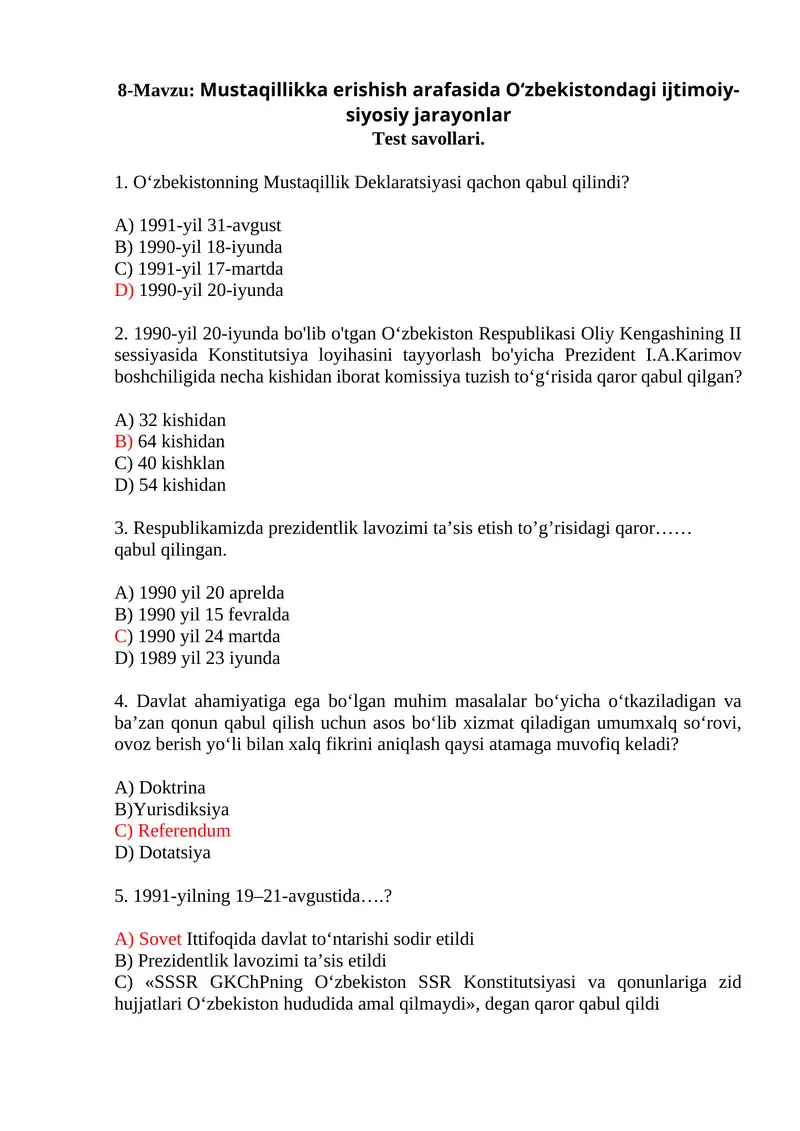 Mustaqillikka erishish arafasida O‘zbekistondagi ijtimoiy-siyosiy jarayonlar Test savollari