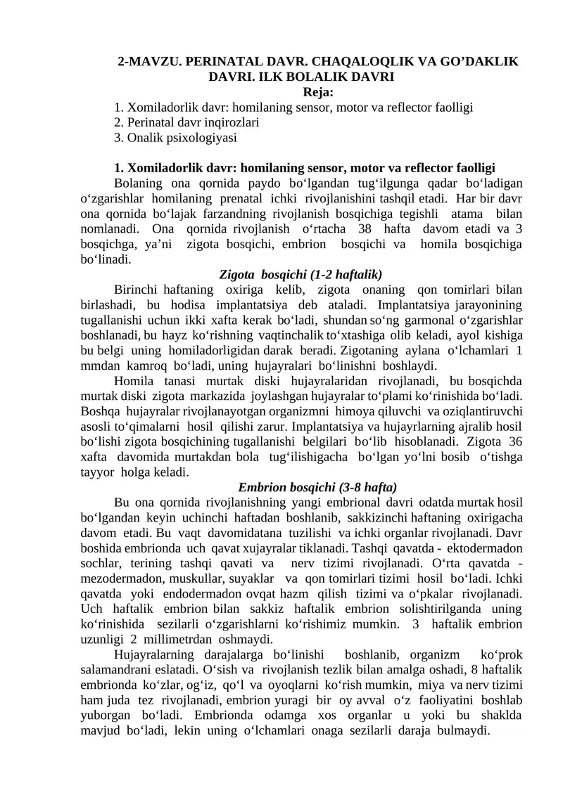 PERINATAL DAVR. CHAQALOQLIK VA GO’DAKLIK DAVRI. ILK BOLALIK DAVRI