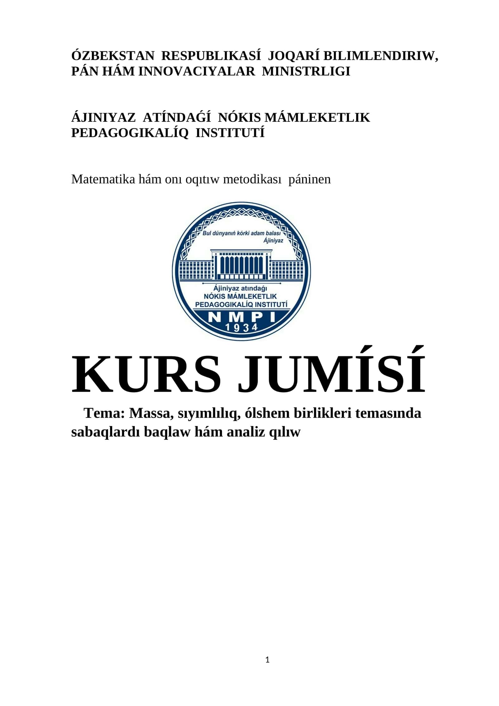 Matematika hám onı oqıtıw metodikası páninen