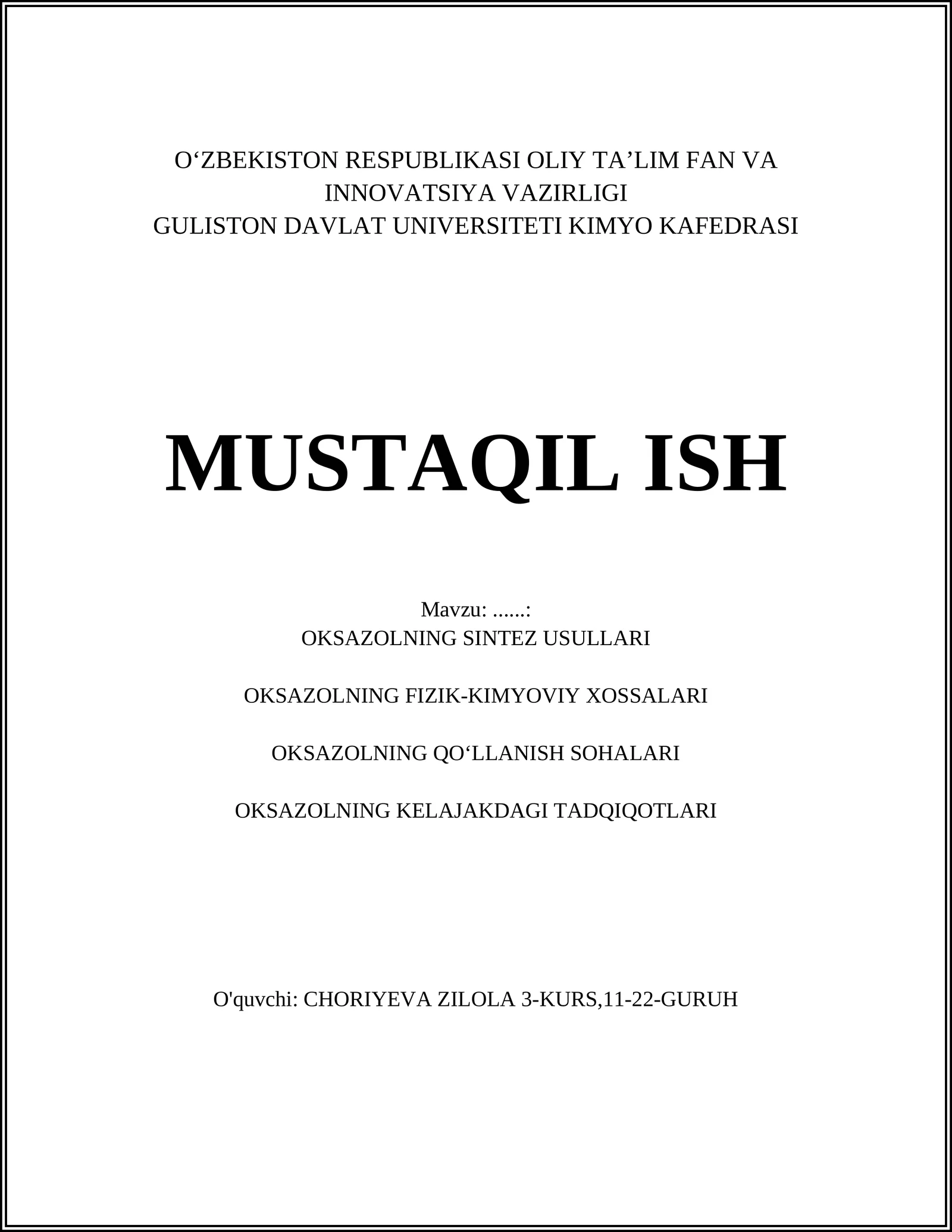 OKSAZOLNING SINTEZ USULLARI