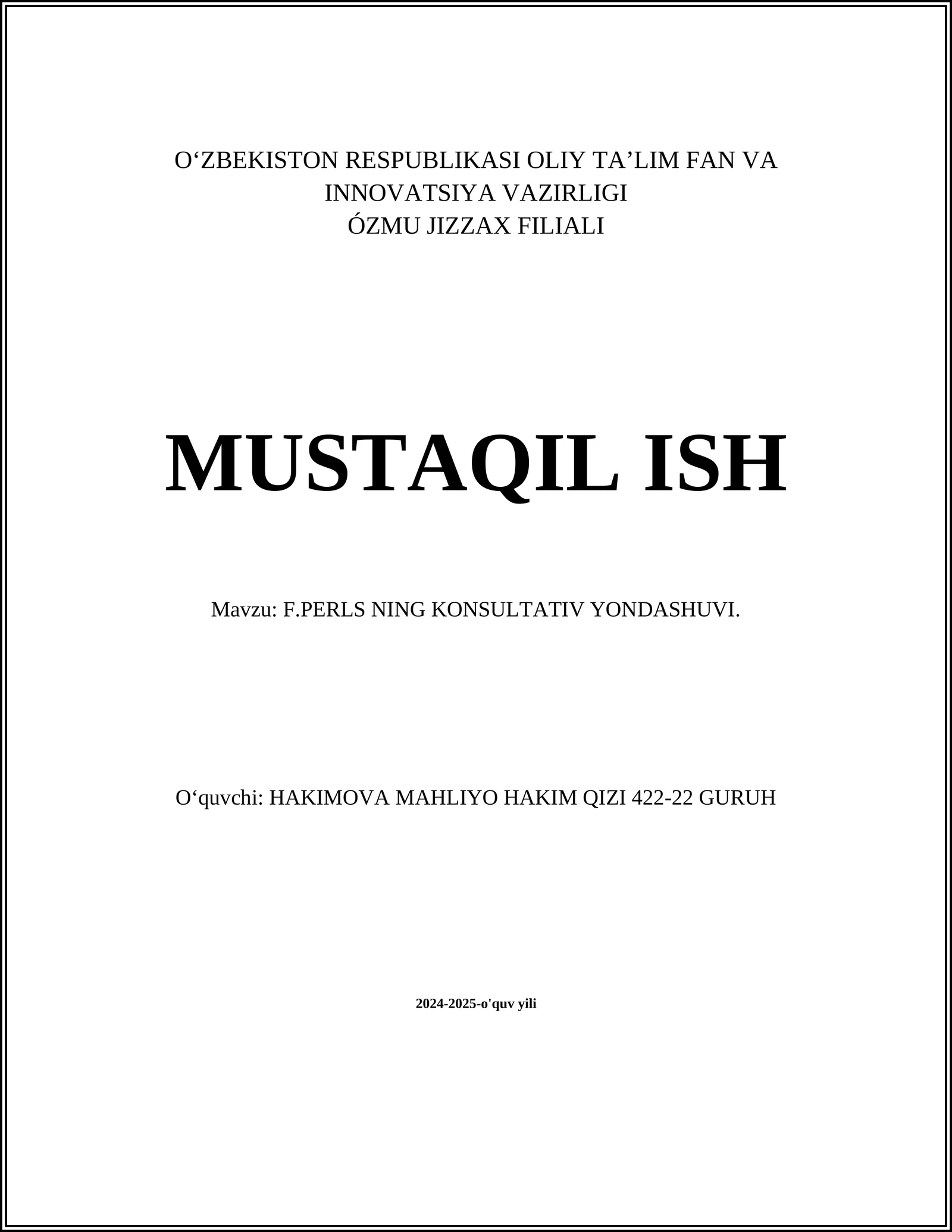 F.PERLS NING KONSULTATIV YONDASHUVI