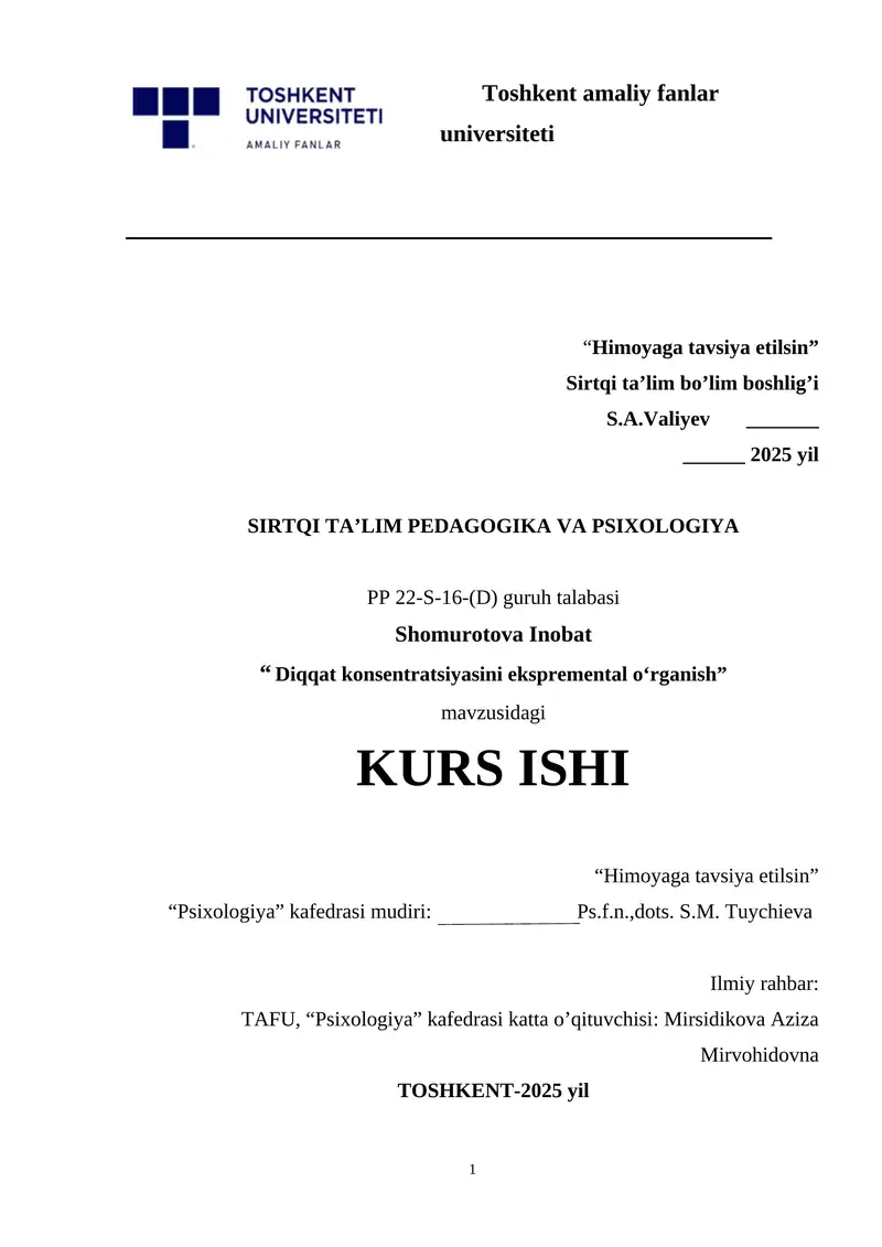 Diqqat konsentratsiyasini ekspremental o‘rganish