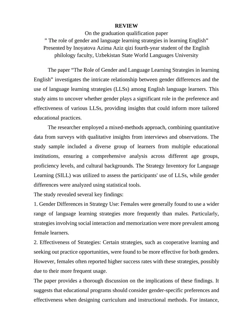 The Role of Gender and Language Learning Strategies in learning English
