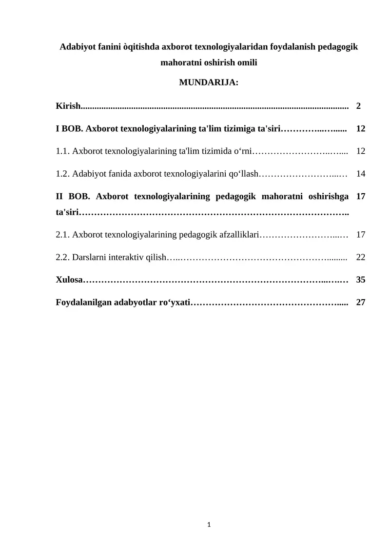 Adabiyot fanini òqitishda axborot texnologiyalaridan foydalanish pedagogik mahoratni oshirish omili