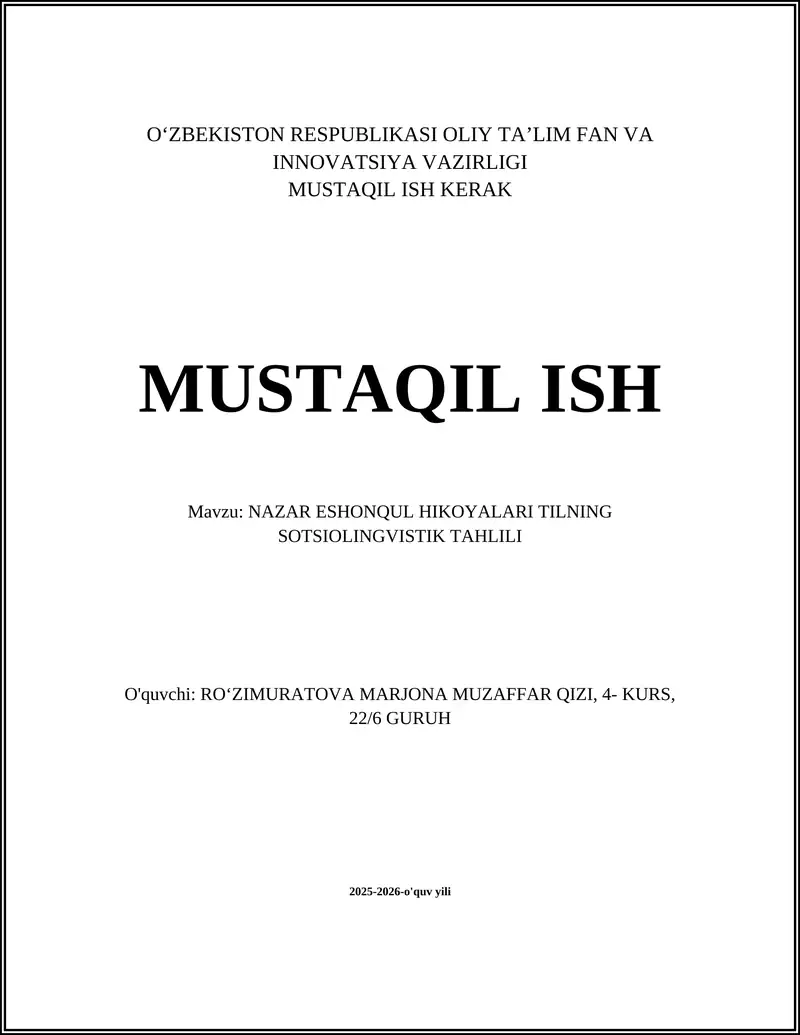 NAZAR ESHONQUL HIKOYALARI TILNING SOTSIOLINGVISTIK TAHLILI