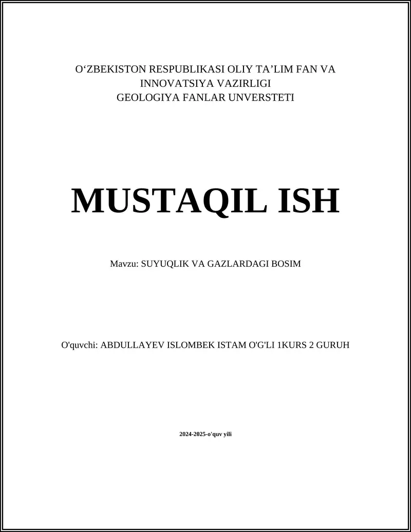SUYUQLIK VA GAZLARDAGI BOSIM