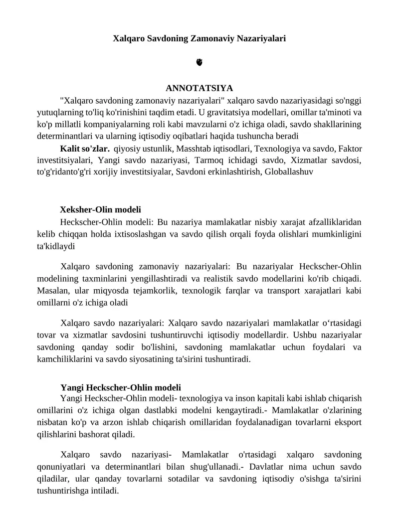 Xalqaro Savdoning Zamonaviy Nazariyalari
