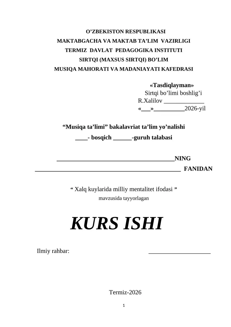 KURS ISHI "Xalq kuylarida milliy mentalitet ifodasi"