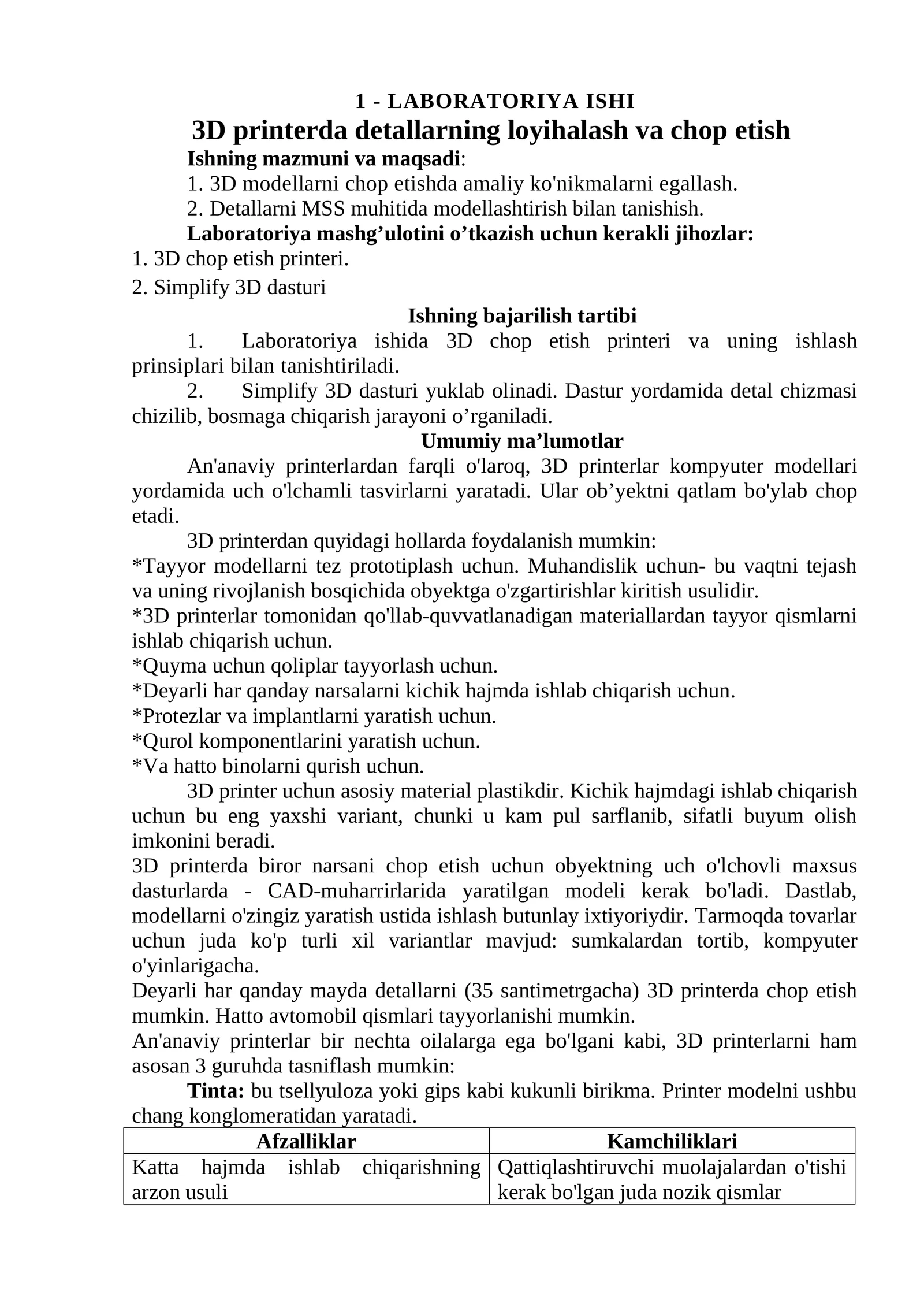 3D printerda detallarning loyihalash va chop etish