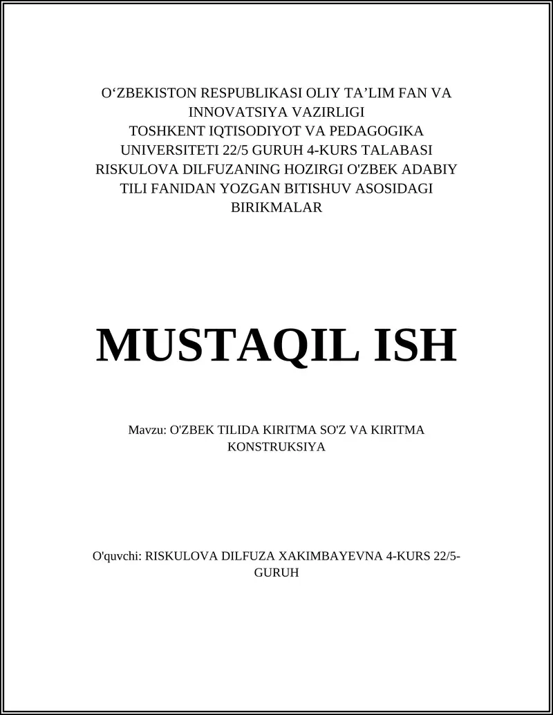 O'ZBEK TILIDA KIRITMA SO'Z VA KIRITMA KONSTRUKSIYA