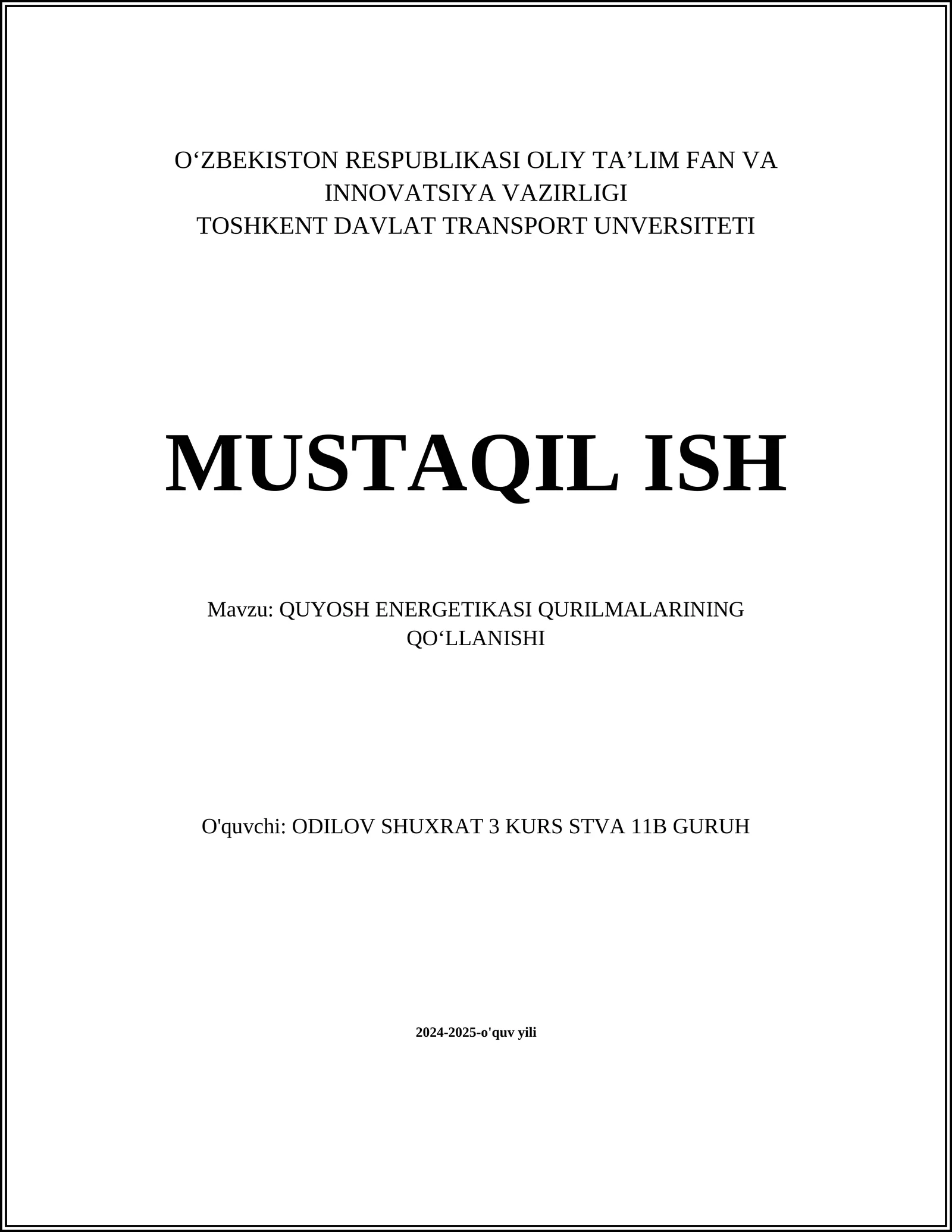QUYOSH ENERGETIKASI QURILMALARINING QOʻLLANISHI