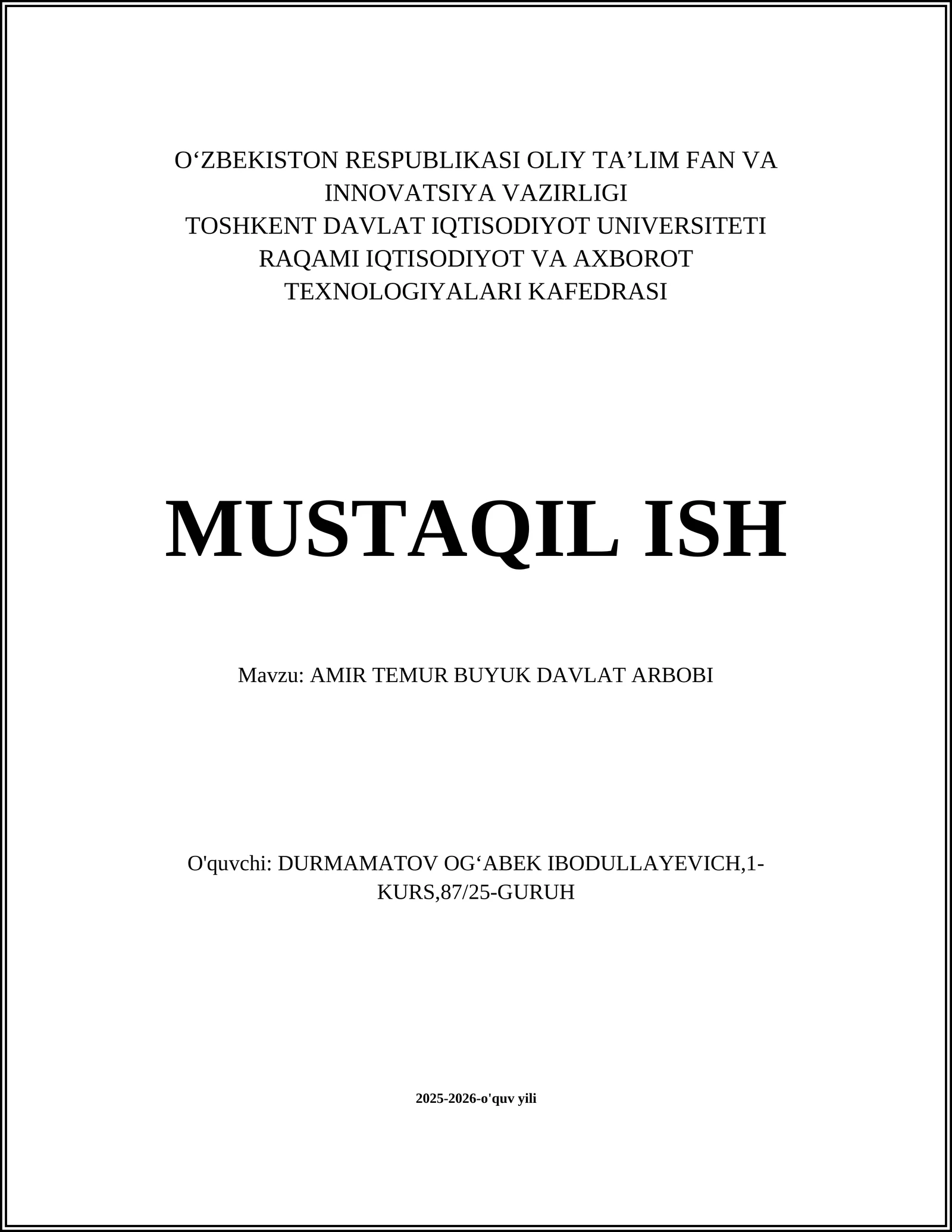 AMIR TEMUR BUYUK DAVLAT ARBOBI