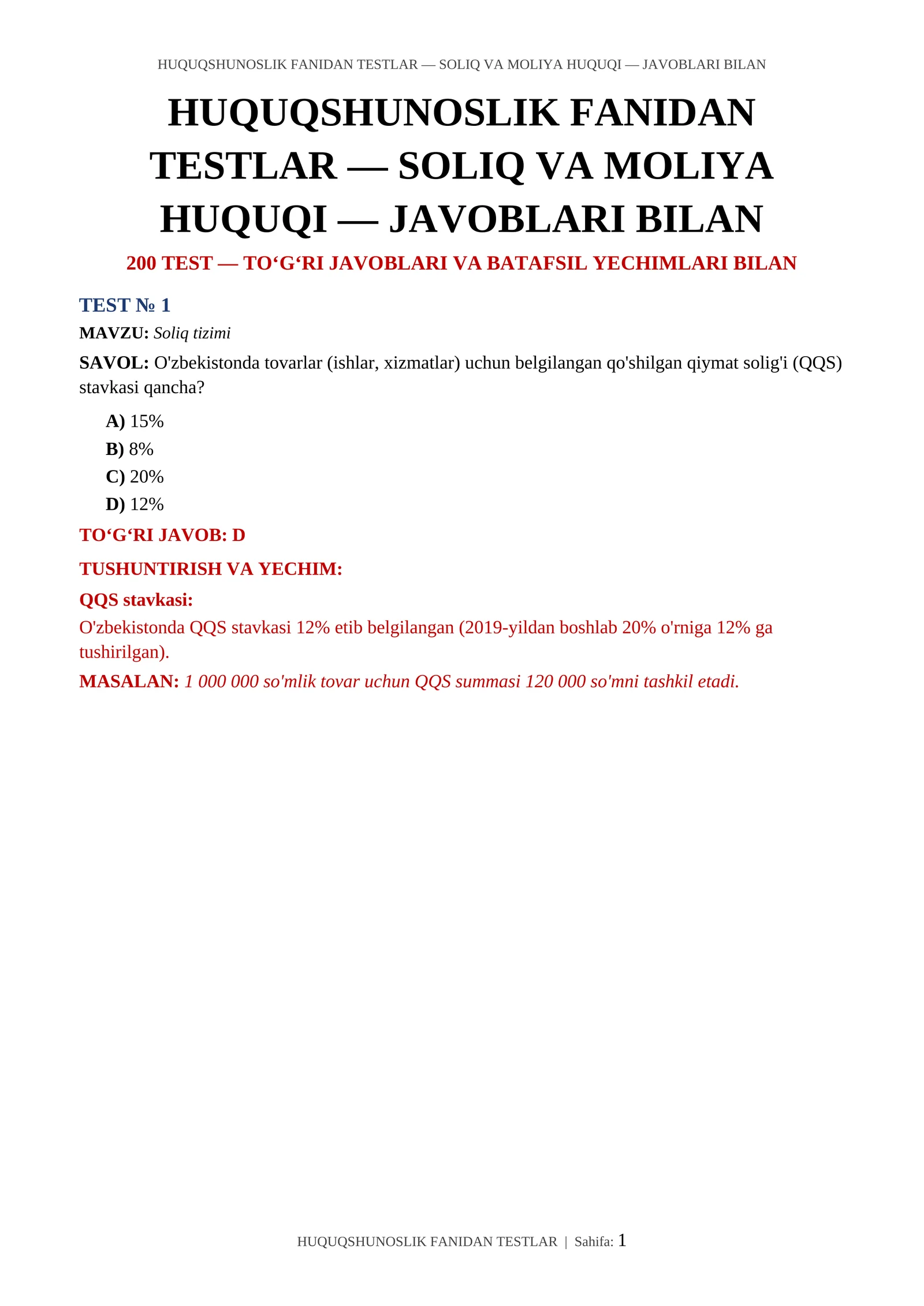 HUQUQSHUNOSLIK FANIDAN TESTLAR