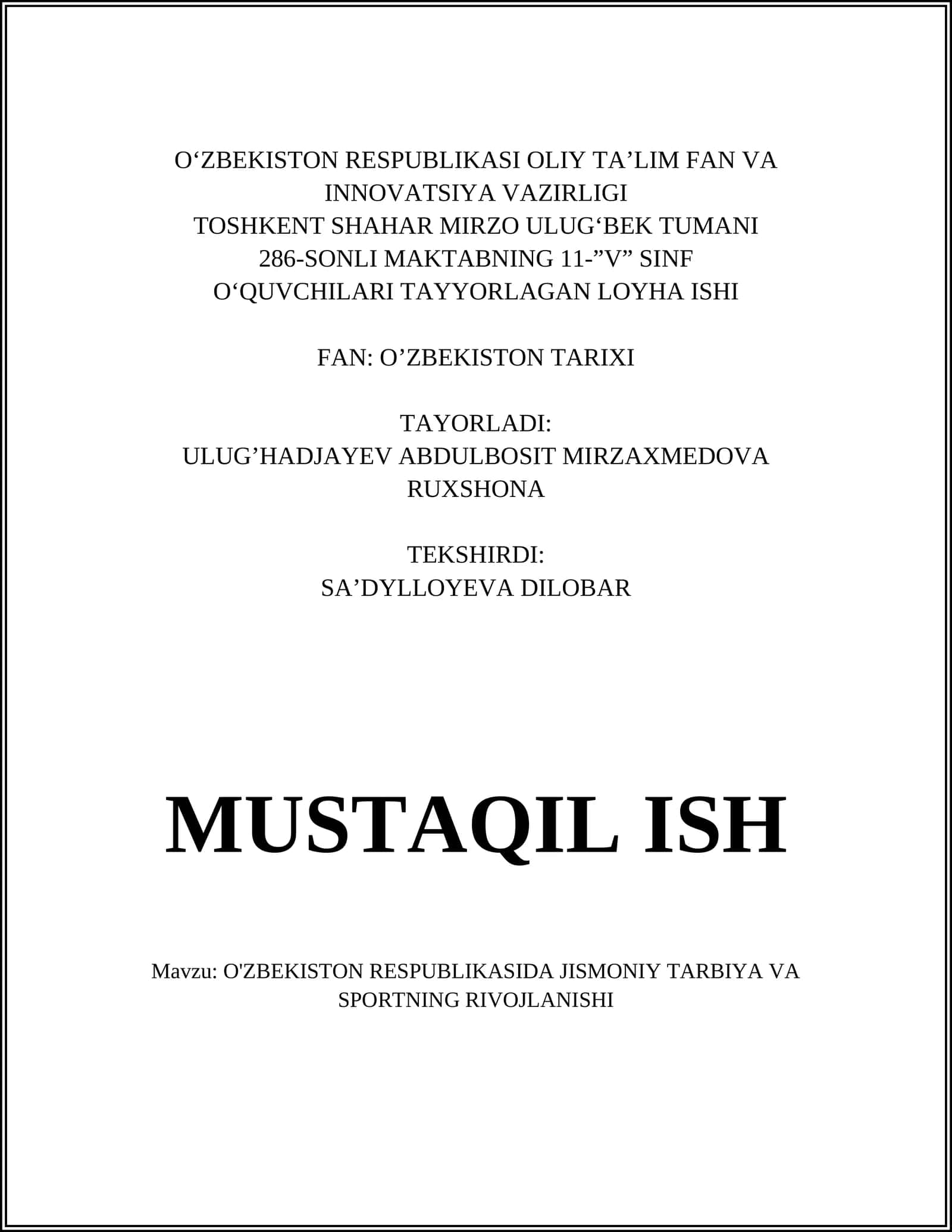 O'ZBEKISTON RESPUBLIKASIDA JISMONIY TARBIYA VA SPORTNING RIVOJLANISHI
