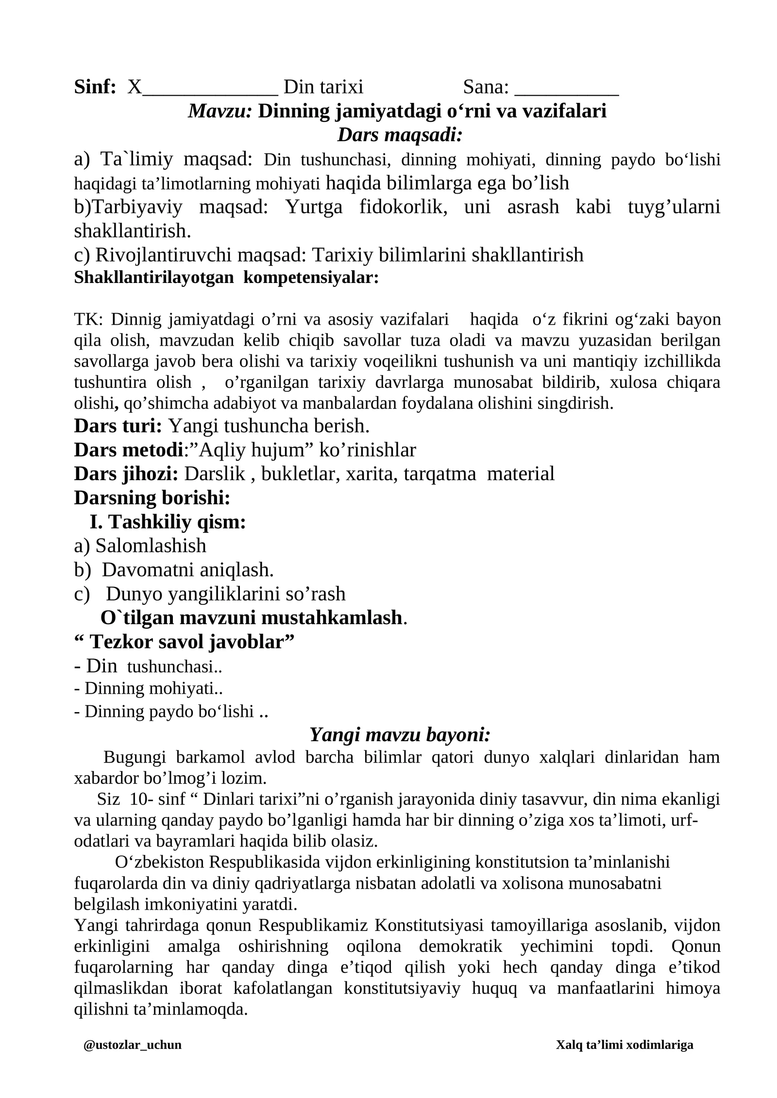 Dinning jamiyatdagi o‘rni va vazifalari