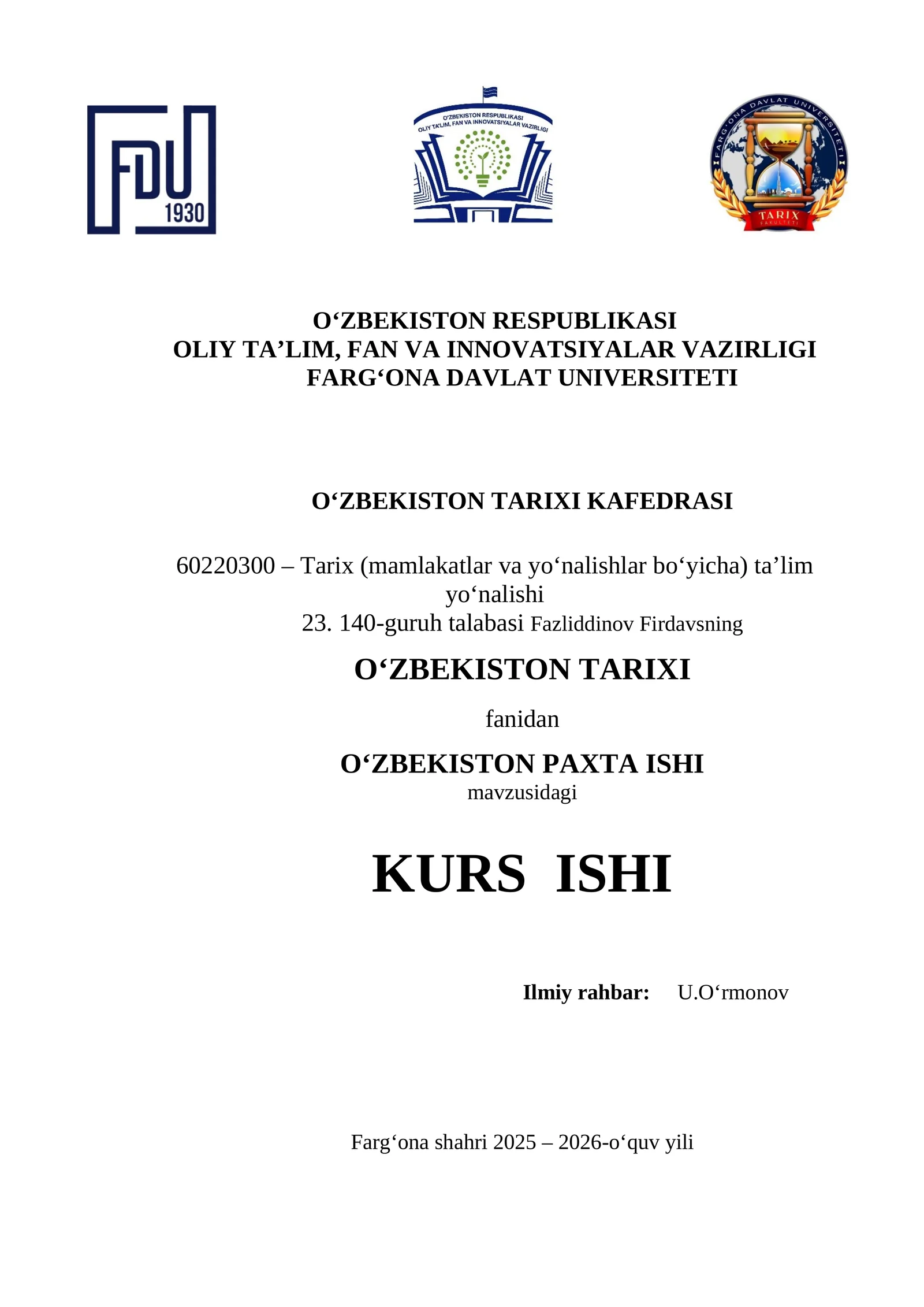 O‘ZBEKISTON TARIXI KURS ISHI