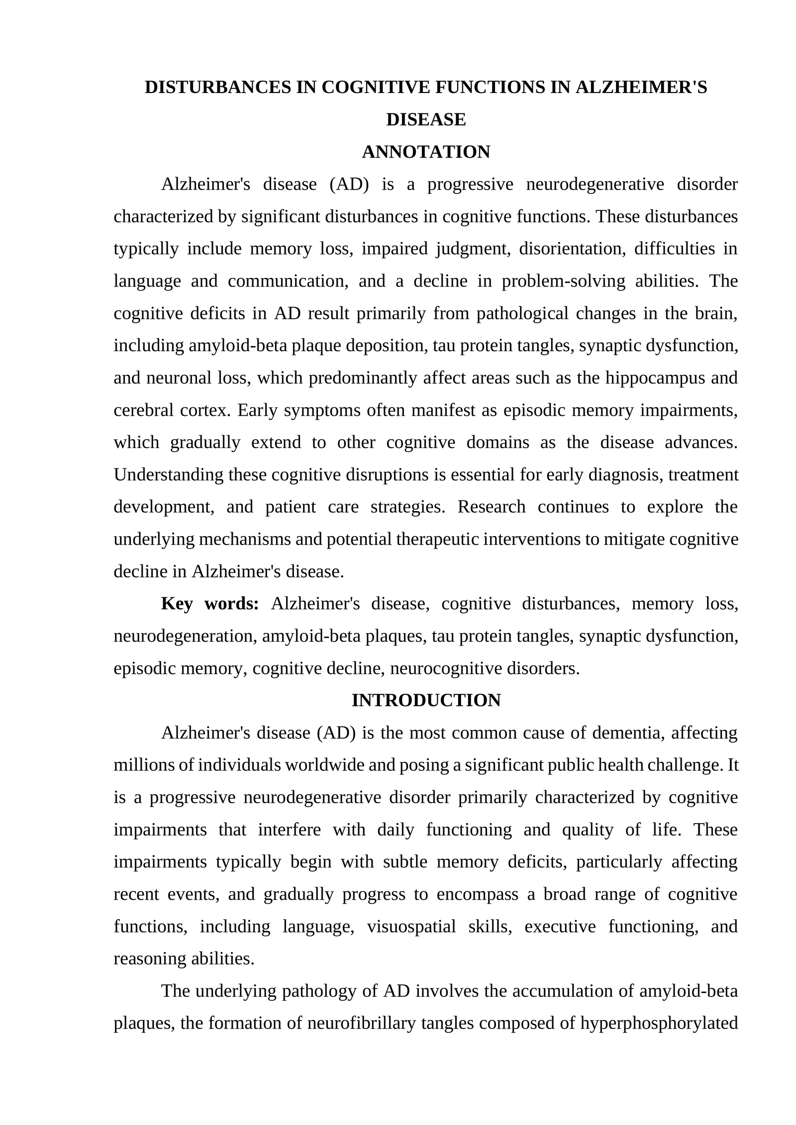 DISTURBANCES IN COGNITIVE FUNCTIONS IN ALZHEIMER'S DISEASE