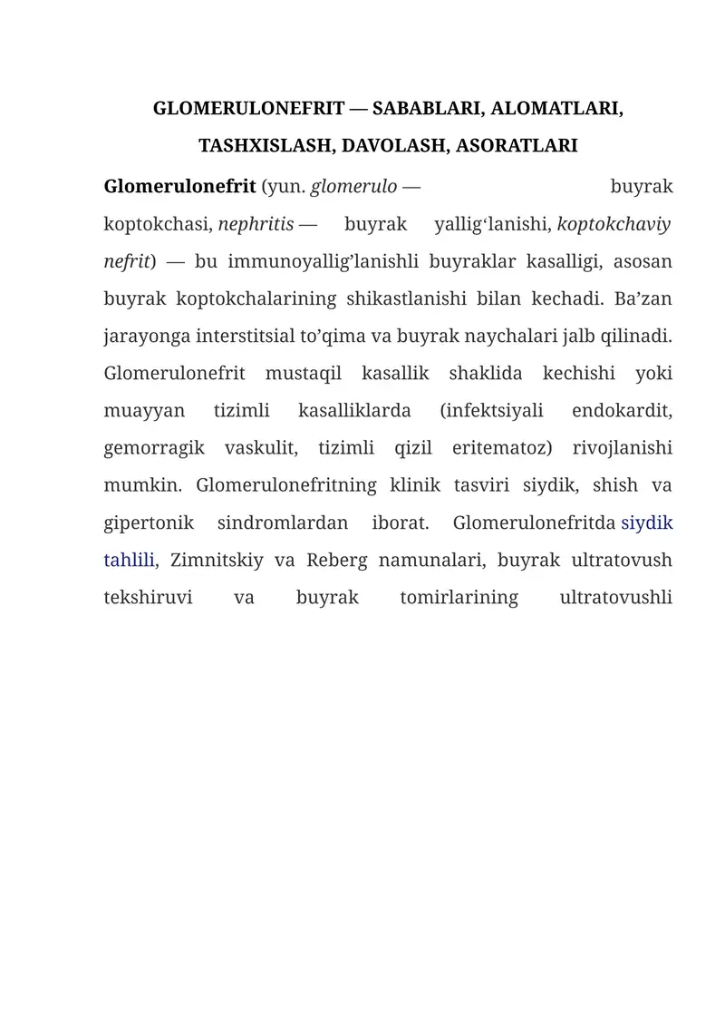 GLOMERULONEFRIT — SABABLARI, ALOMATLARI, TASHXISLASH, DAVOLASH, ASORATLARI