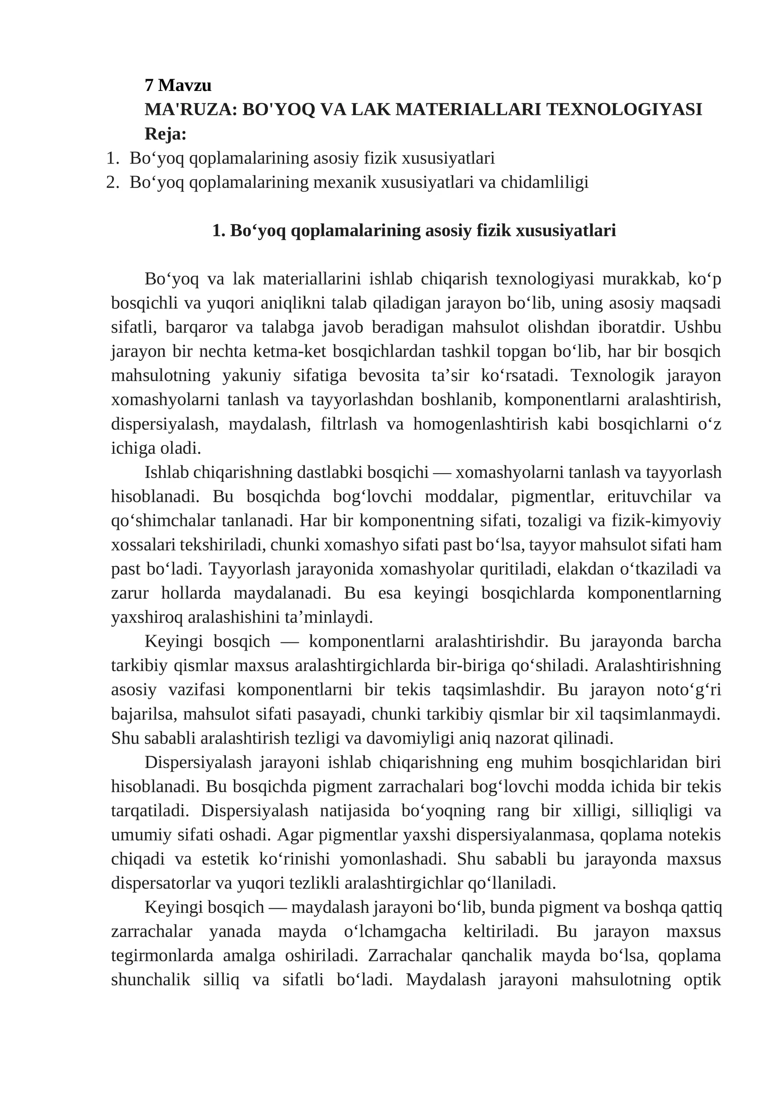 MA'RUZA: BO'YOQ VA LAK MATERIALLARI TEXNOLOGIYASI