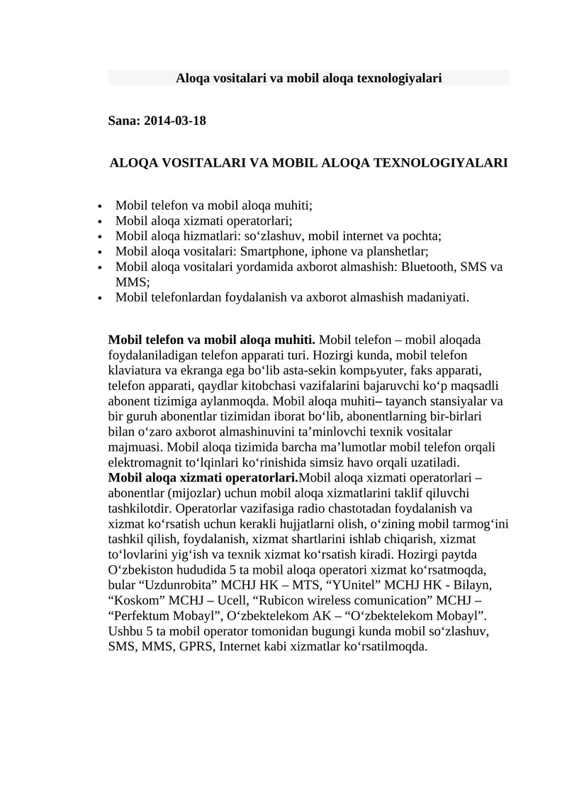 ALOQA VOSITALARI VA MOBIL ALOQA TEXNOLOGIYALARI