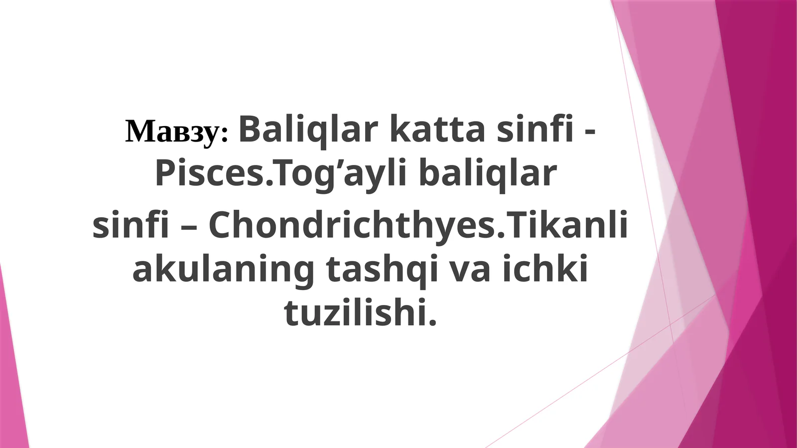 Baliqlarkattasinfi- Pisces.Tog’aylibaliqlar sinfi–Chondrichthyes.Tikanliakulaningtashqivaichkituzilishi. Tog’aylibaliqlarsistematikasi
