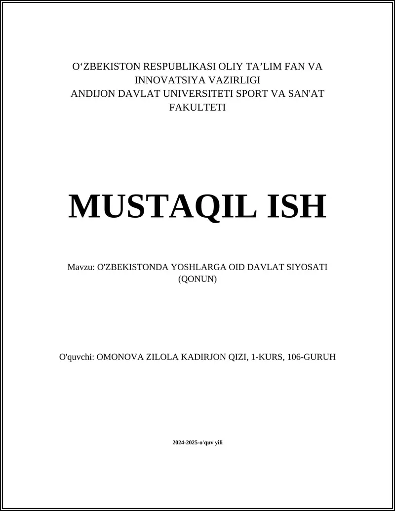 O'ZBEKISTONDA YOSHLARGA OID DAVLAT SIYOSATI (QONUN)