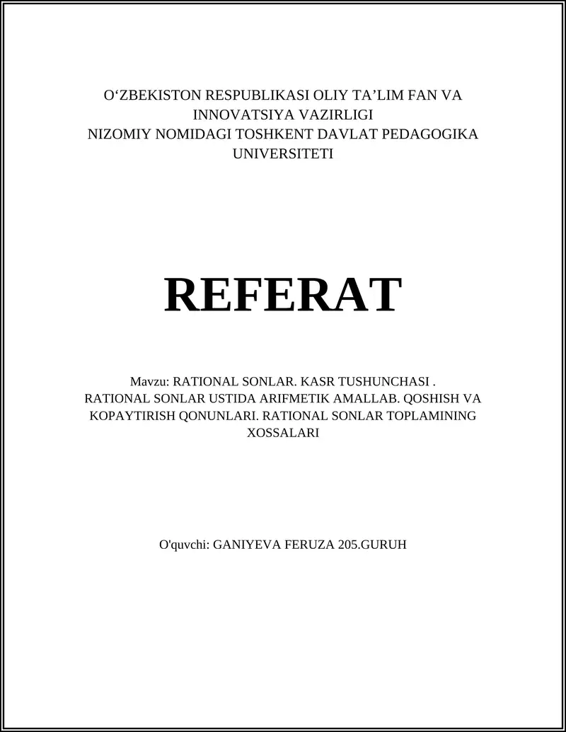 RATIONAL SONLAR. KASR TUSHUNCHASI