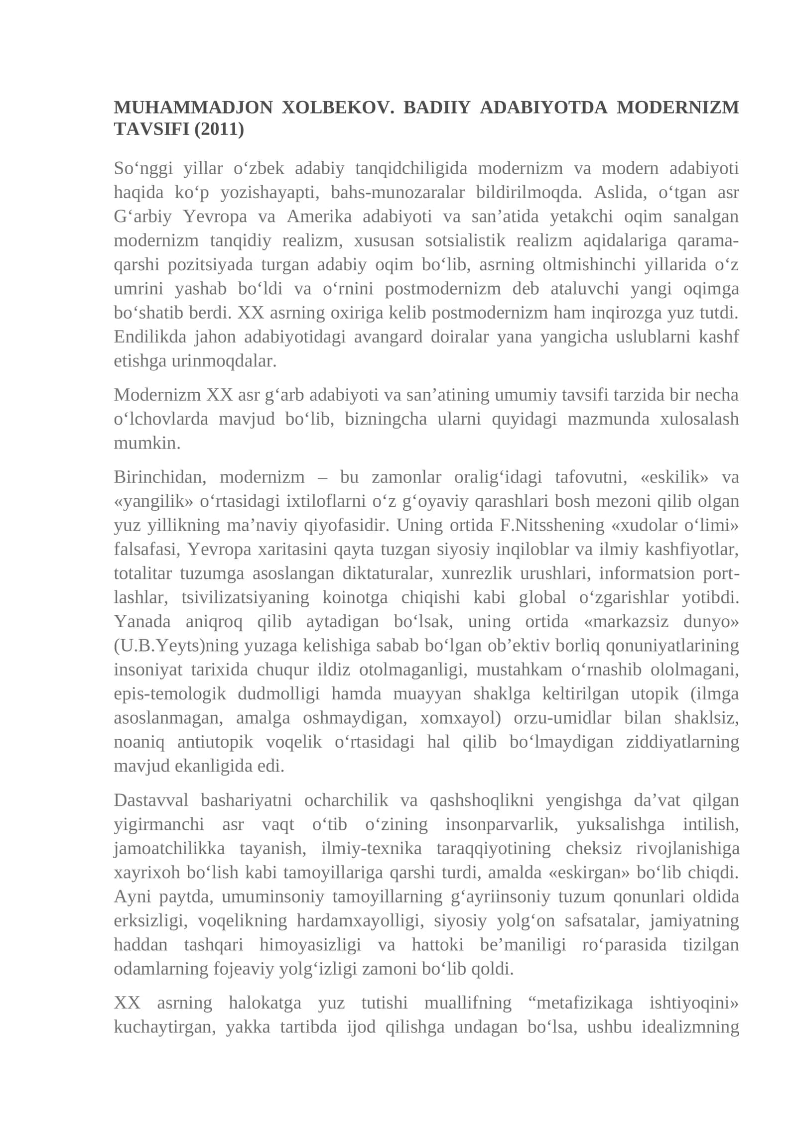 Badiiy adabiyotda modernizm tavsifi